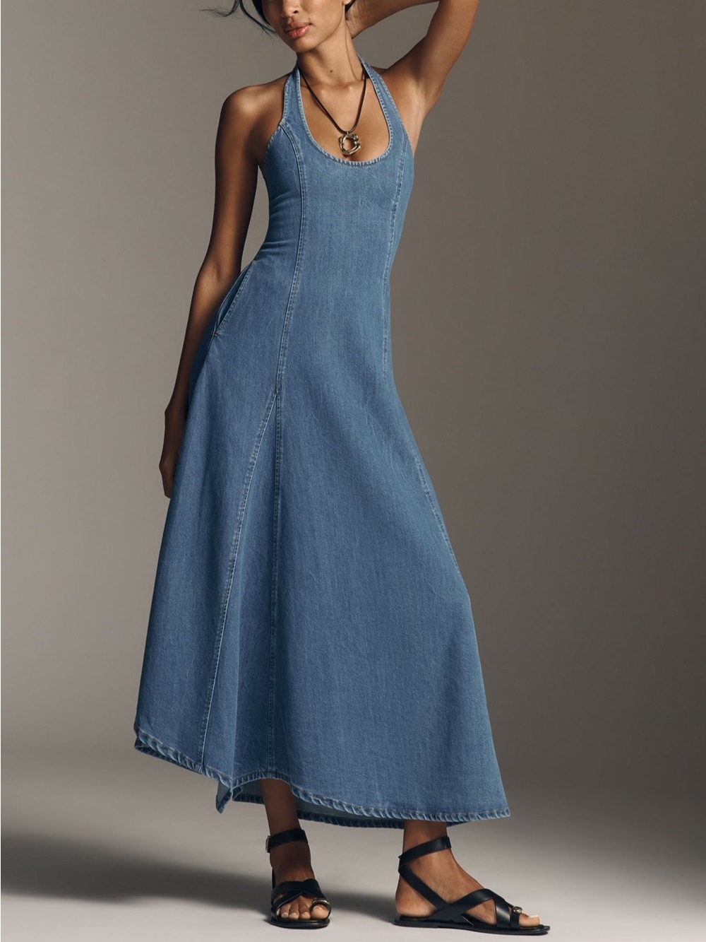 SOVERE Elodie Halter-Neck Denim Maxi Dress - Picture 1 of 9